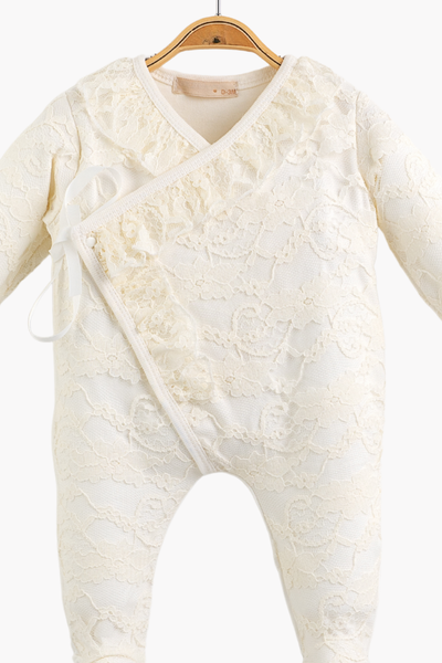 Royale Lace 3 Parça Dantelli Hastane Çıkışı Seti-Ekru