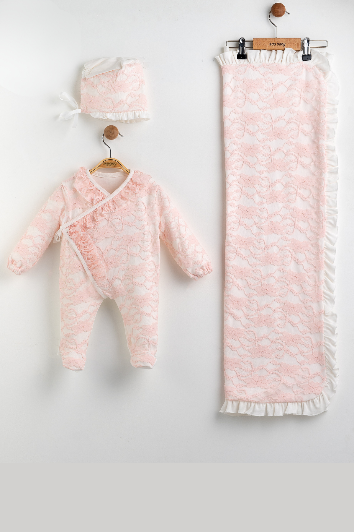 Royale Lace 3 Parça Dantelli Hastane Çıkışı Seti-Pembe