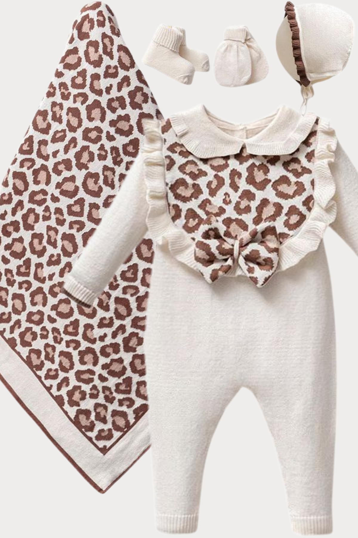 Luna leopar  Kız Bebek Hastane Çıkış Seti 5 Parça- Beyaz