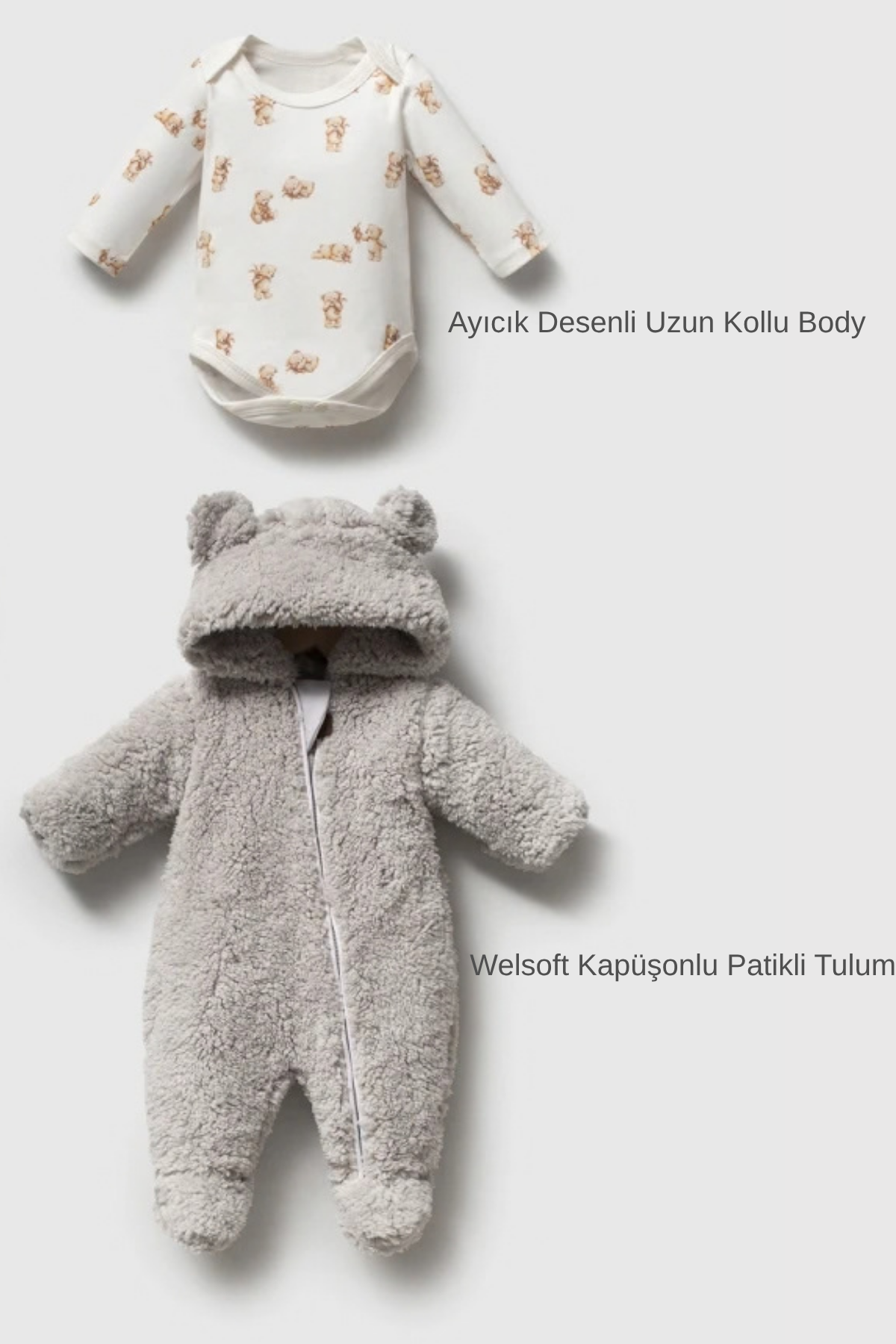 Cozy Teddy 2 Parça Welsoft Bebek Tulum Seti- Gri