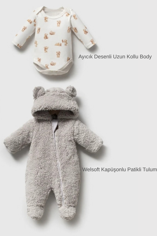 Cozy Teddy 2 Parça Welsoft Bebek Tulum Seti- Gri