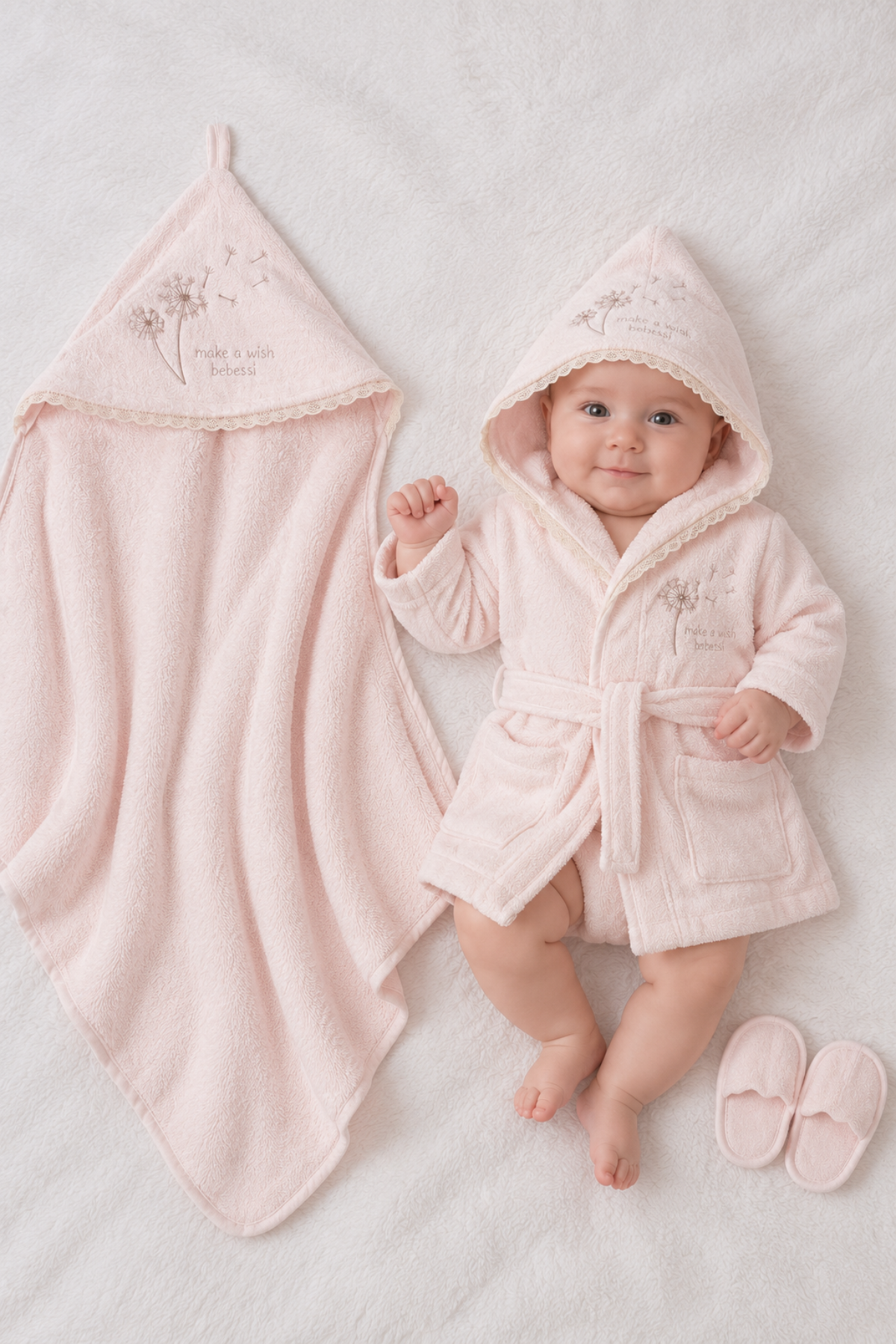 Little Wishes Krem Kapüşonlu Bornoz & Havlu Seti / Pembe