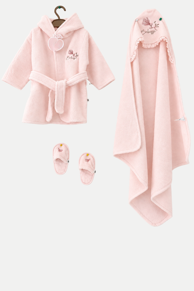 Çiçek Desenli Bornoz Takımı- Pembe