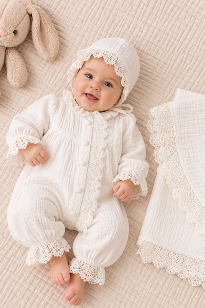 Pure Lace 3 Parça Müslin Yenidoğan Hastane Çıkış Seti