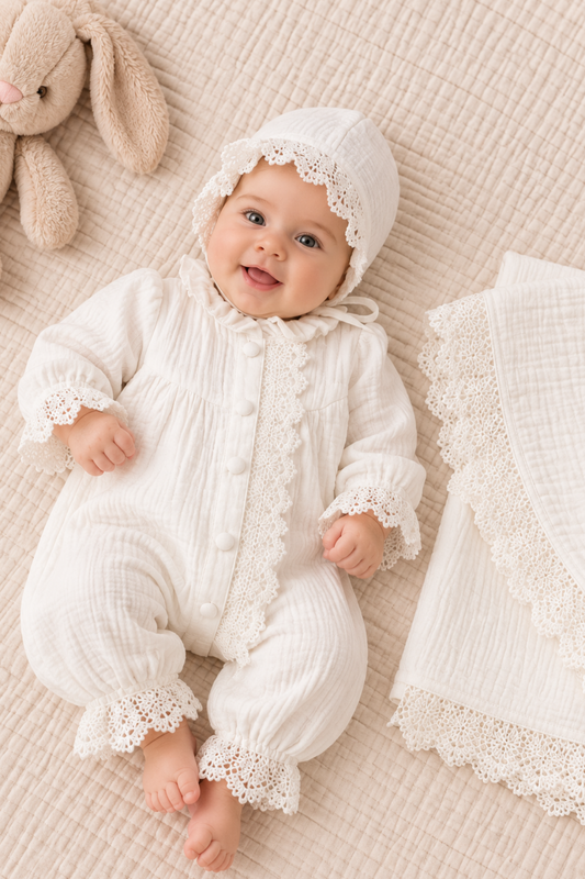 Pure Lace 3 Parça Müslin Yenidoğan Hastane Çıkış Seti