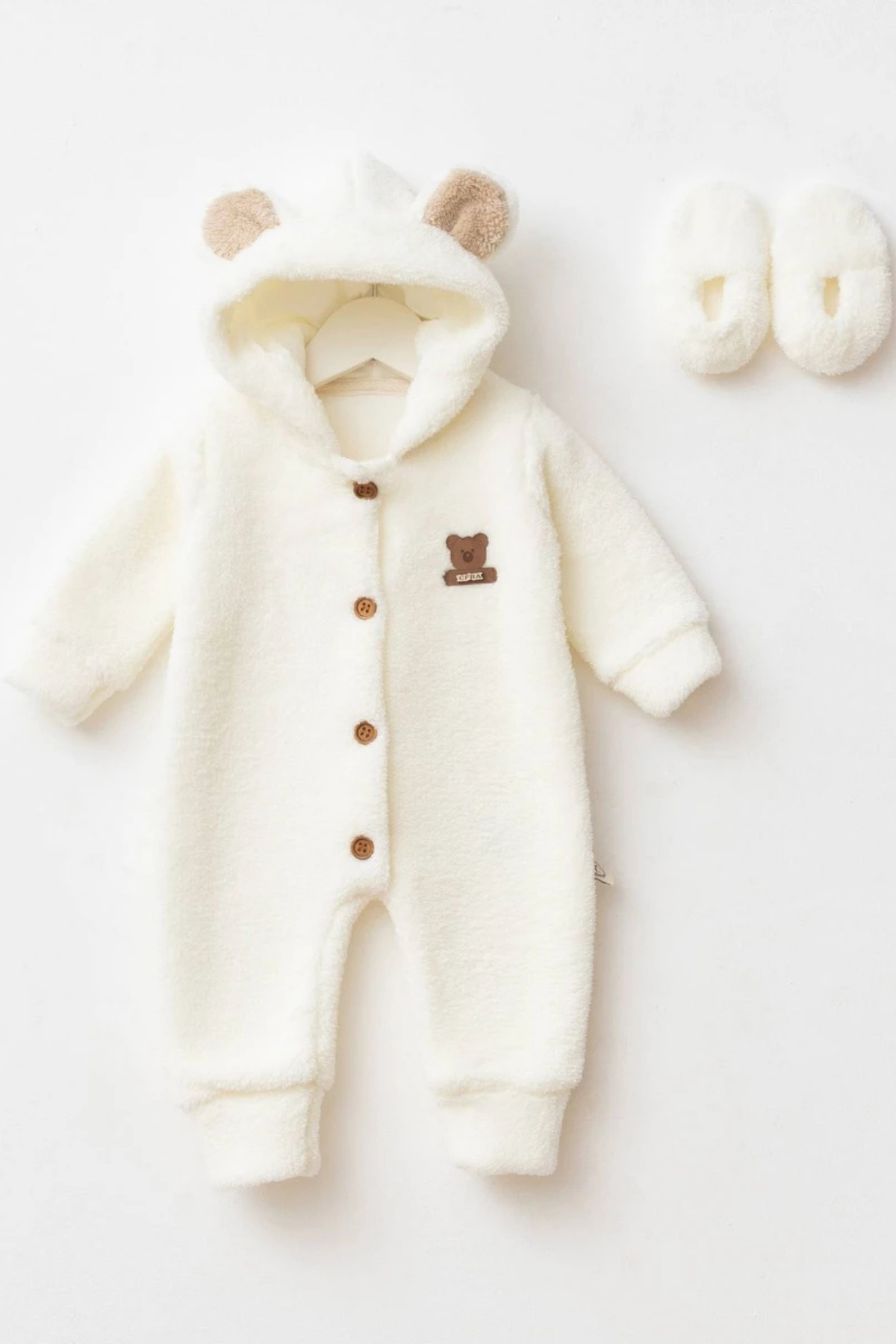 Teddy Bear Welsoft Kapüşonlu Bebek Tulum & Patik Seti / Ekru