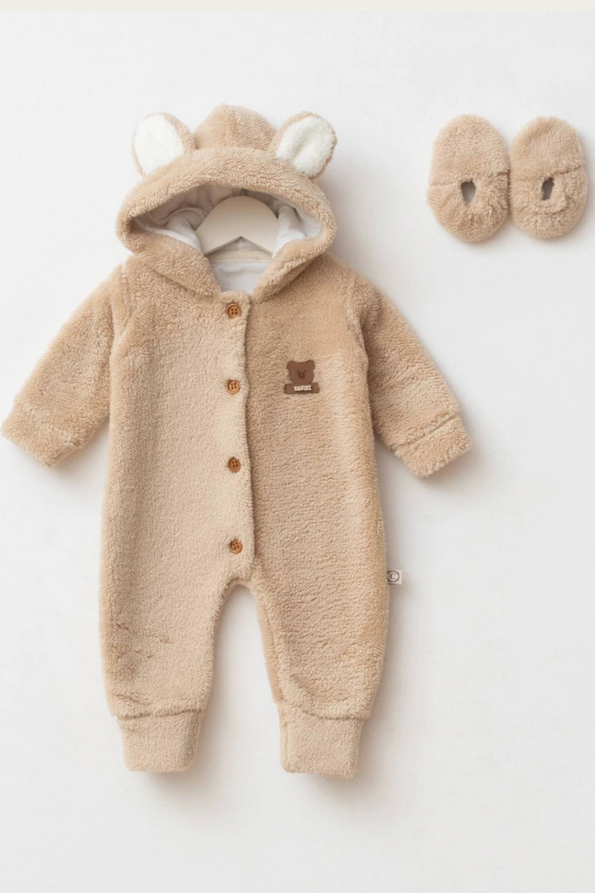 Teddy Bear Welsoft Kapüşonlu Bebek Tulum & Patik Seti / Kahverengi