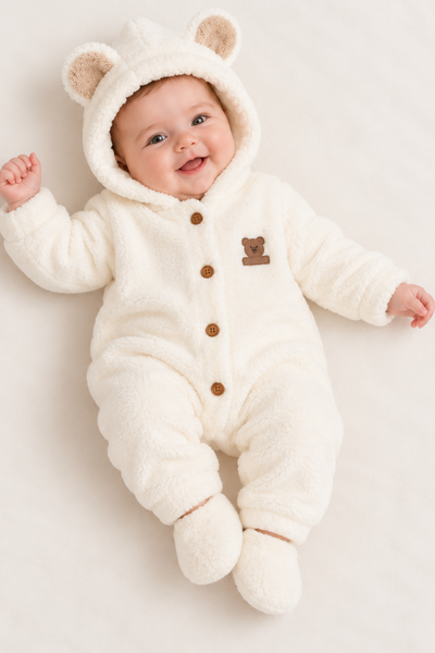 Teddy Bear Welsoft Kapüşonlu Bebek Tulum & Patik Seti / Ekru