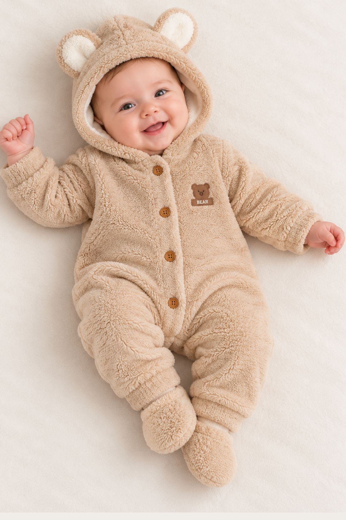Teddy Bear Welsoft Kapüşonlu Bebek Tulum & Patik Seti / Kahverengi