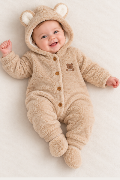 Teddy Bear Welsoft Kapüşonlu Bebek Tulum & Patik Seti / Kahverengi