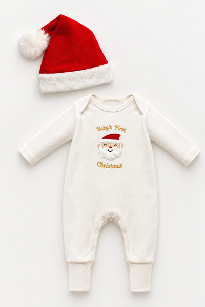 İlk Yılbaşım Noel Baba Nakışlı Şapkalı Unisex Bebek Tulum Seti / Beyaz