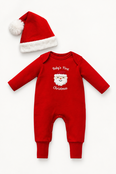 İlk Yılbaşım Noel Baba Nakışlı Şapkalı Unisex Bebek Tulum Seti / Kırmızı