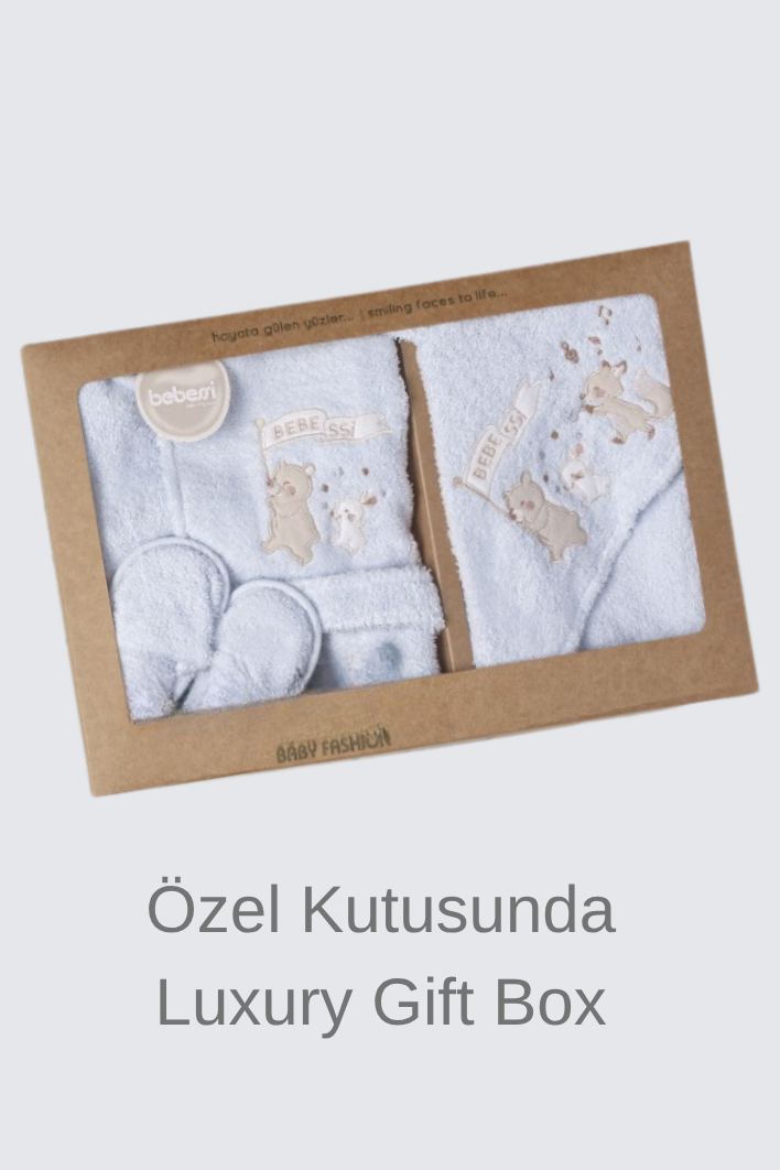 Little Bear Bath 3 Parça Erkek Bebek Bornoz Seti / Mavi