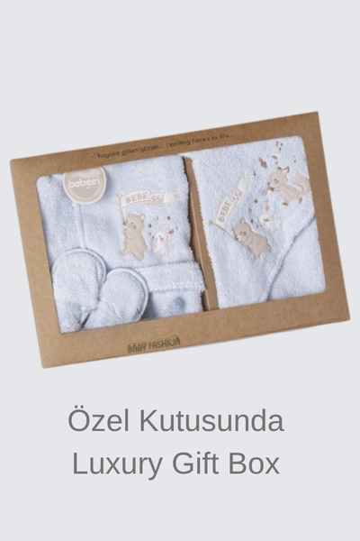 Little Bear Bath 3 Parça Erkek Bebek Bornoz Seti / Mavi