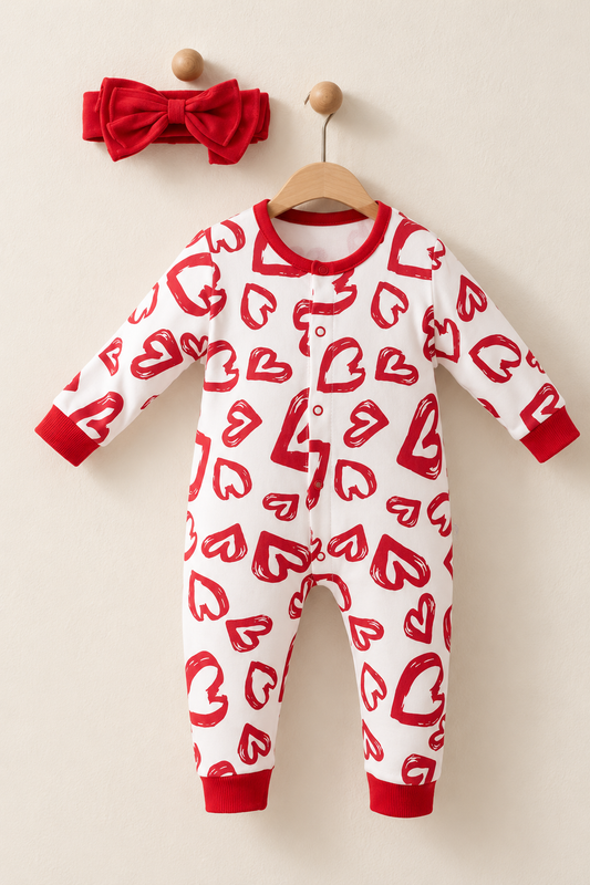 ''Crimson Heart'' Kalp Desenli Bebek Tulum ve Bandana Seti