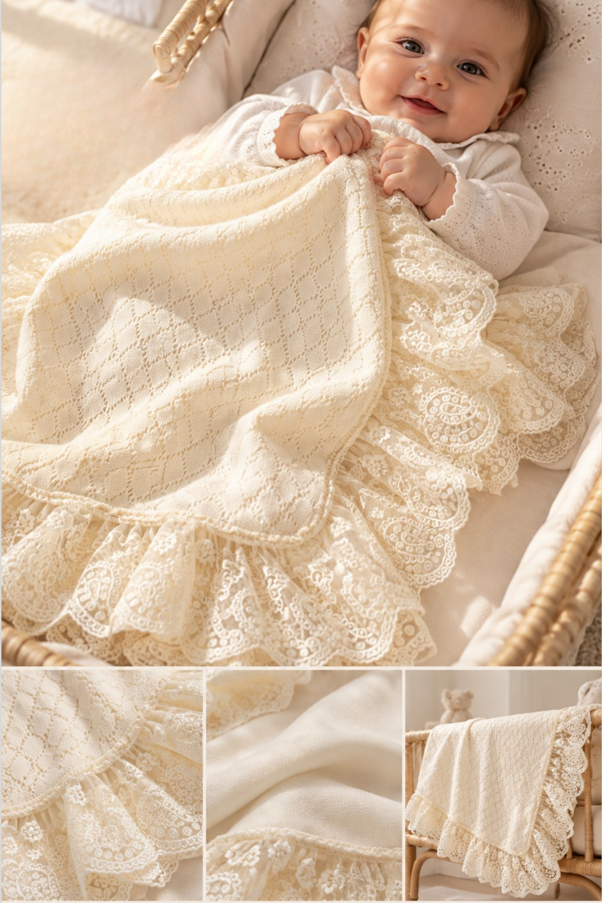 Dentelle Ecru Triko Bebek Battaniyesi – 90×90 cm / Krem