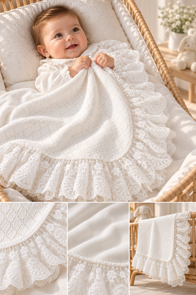Dentelle Ecru Triko Bebek Battaniyesi – 90×90 cm / Beyaz