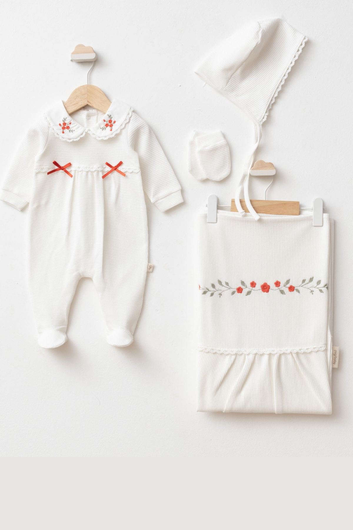 Mirel Natural Set Kız Bebek Hastane Çıkışı 4 Parça- Beyaz