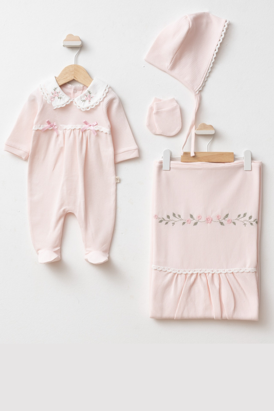 Mirel Natural Set Kız Bebek Hastane Çıkışı 4 Parça- Pembe