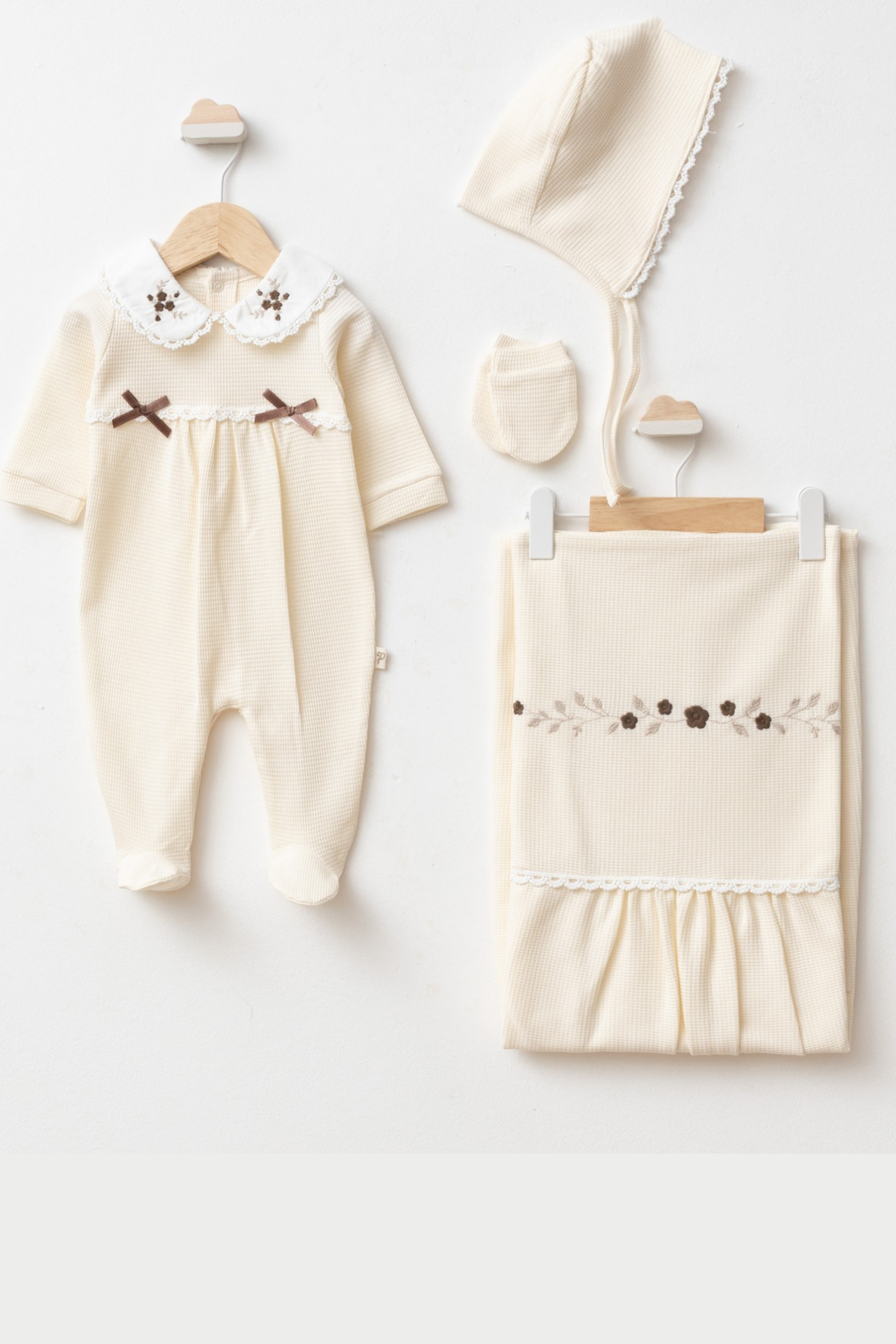 Mirel Natural Set Kız Bebek Hastane Çıkışı 4 Parça- Krem