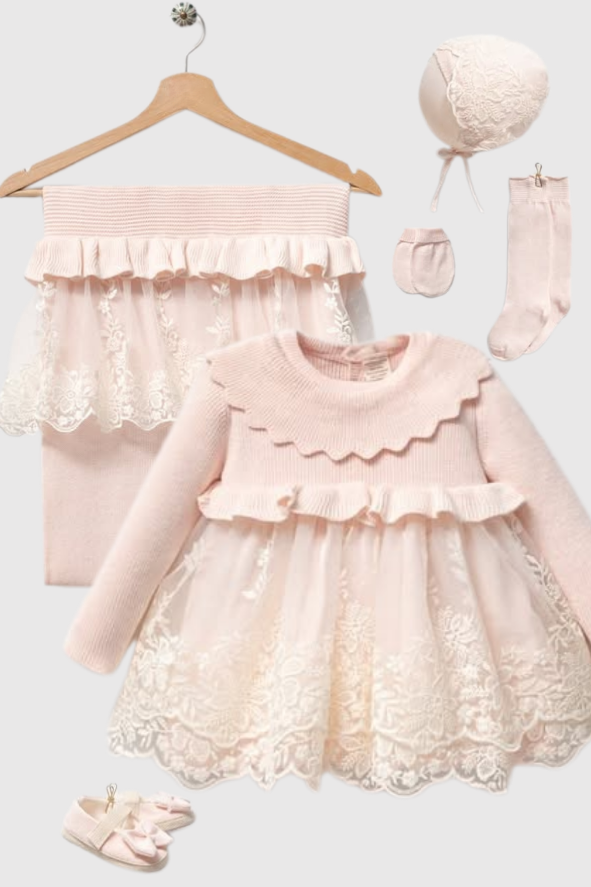 Lüks Dantelli Kız Bebek Hastane Çıkışı Hediye Seti – 5 Parça- Pembe