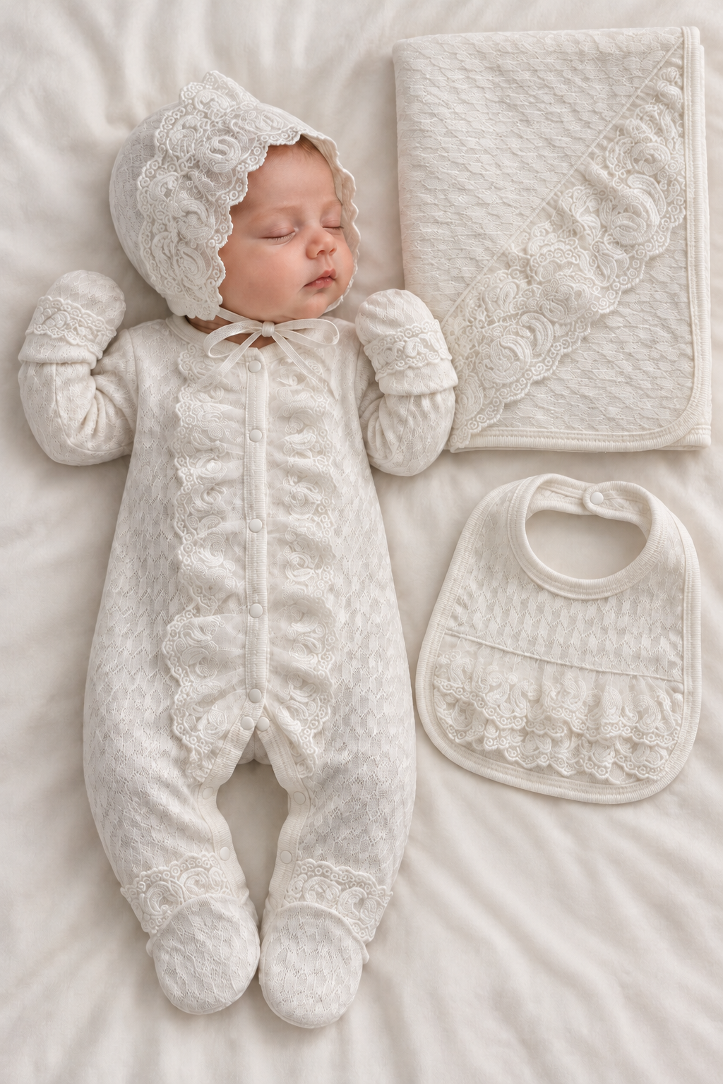 Pearl Lace Jakarlı Dantel Detaylı 5 Parça Kız Bebek Hastane Çıkışı Seti