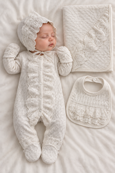 Pearl Lace Jakarlı Dantel Detaylı 5 Parça Kız Bebek Hastane Çıkışı Seti