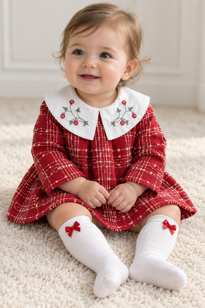 Red Elegance Nakışlı Yakalı Çoraplı Kız Bebek Elbise Seti