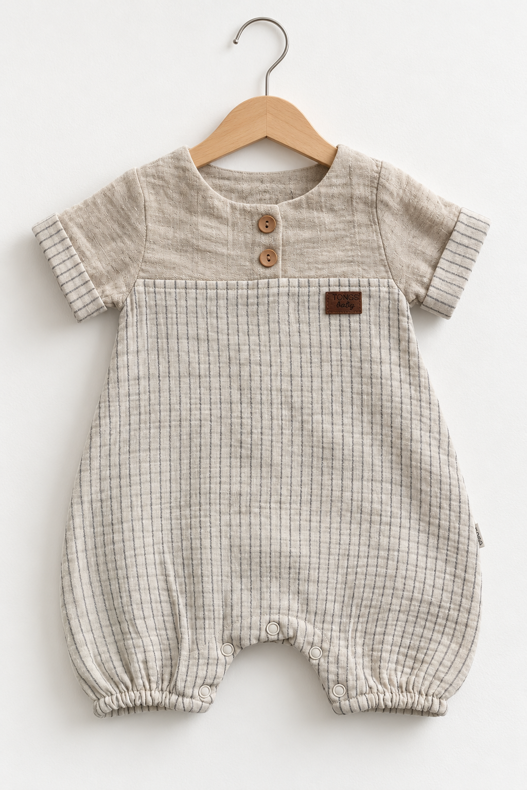 Bej Çizgili Kısa Kollu Erkek Bebek Müslin Tulum