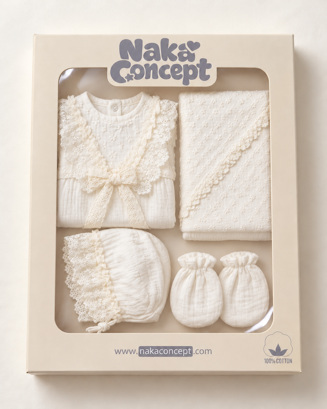 Lina Lace Kopanakı Dantel Detaylı Müslin 4 Parça Kız Bebek Hastane Çıkış Seti / Krem