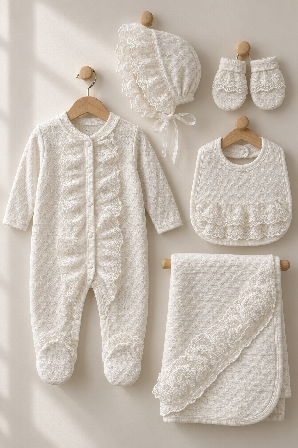 Pearl Lace Jakarlı Dantel Detaylı 5 Parça Kız Bebek Hastane Çıkışı Seti