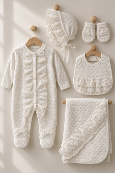 Pearl Lace Jakarlı Dantel Detaylı 5 Parça Kız Bebek Hastane Çıkışı Seti