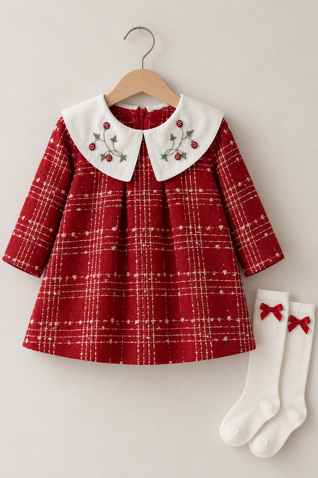 Red Elegance Nakışlı Yakalı Çoraplı Kız Bebek Elbise Seti