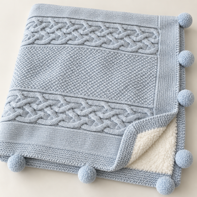 Cozy Knit Welsoft Astarlı Ponponlu Triko Bebek Battaniyesi