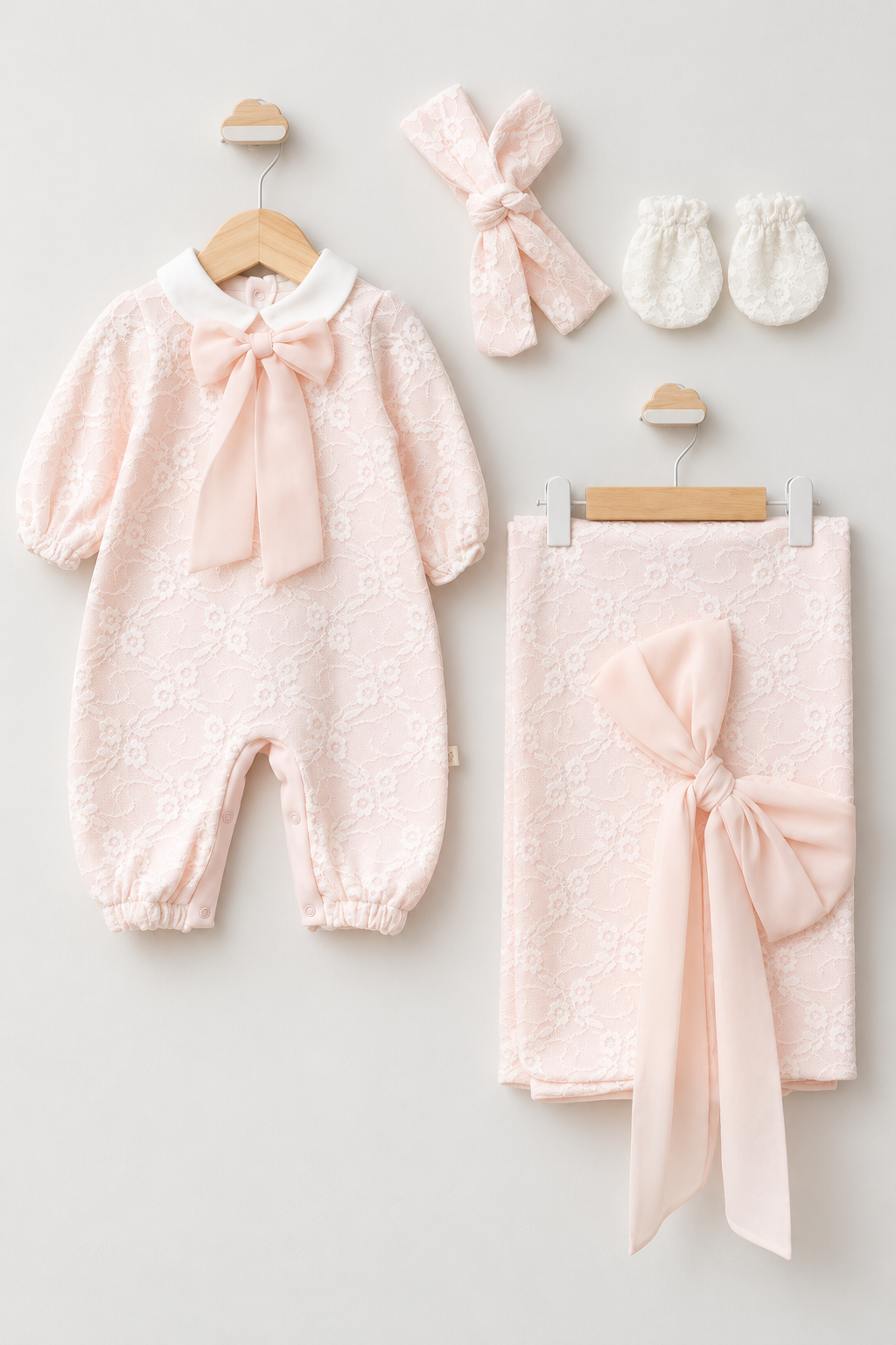 Pudra Fiyonk Blush Bow Dantel Kaplamalı 4 Parça Kız Bebek Hastane Çıkışı Seti