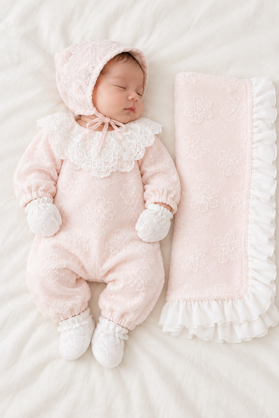Liora Blush Dantel Yakalı 5 Parça Kız Bebek Hastane Çıkışı Seti