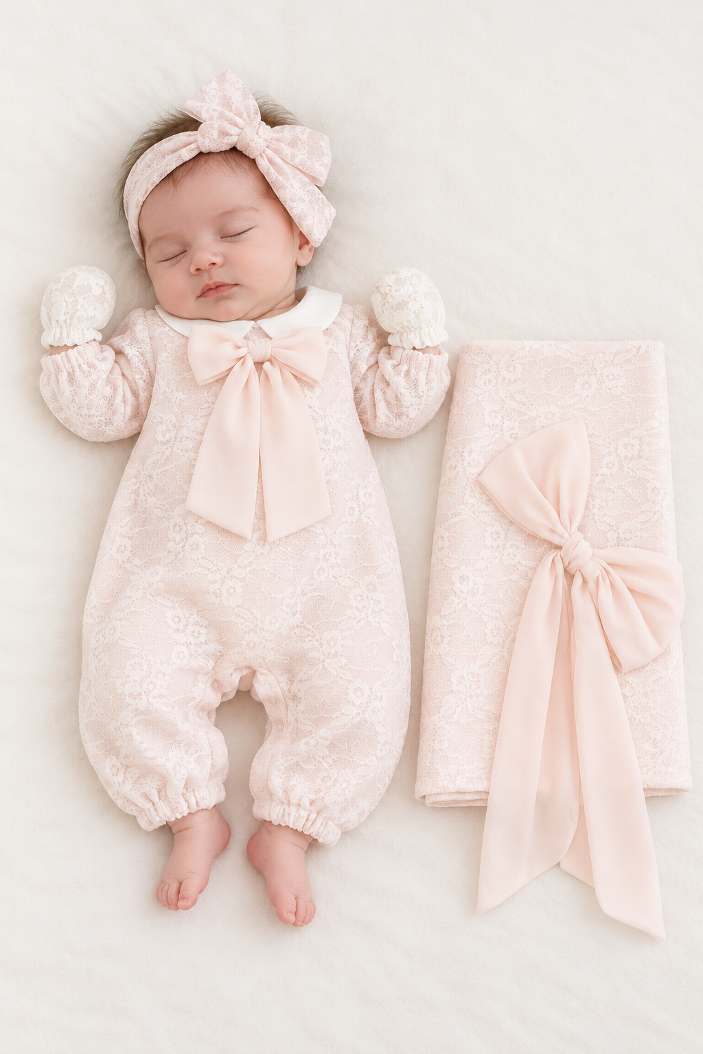 Pudra Fiyonk Blush Bow Dantel Kaplamalı 4 Parça Kız Bebek Hastane Çıkışı Seti