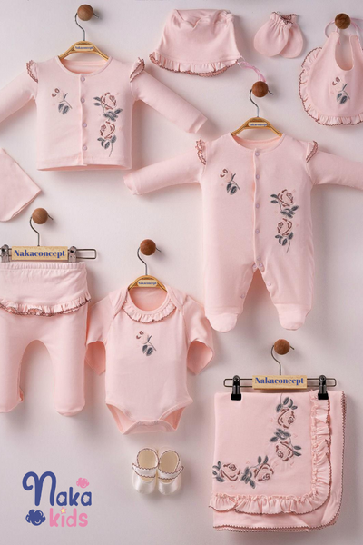 Fırfırella Prenses Kız Bebek 10 Parça Organik Hastane Çıkış Seti-Pembe