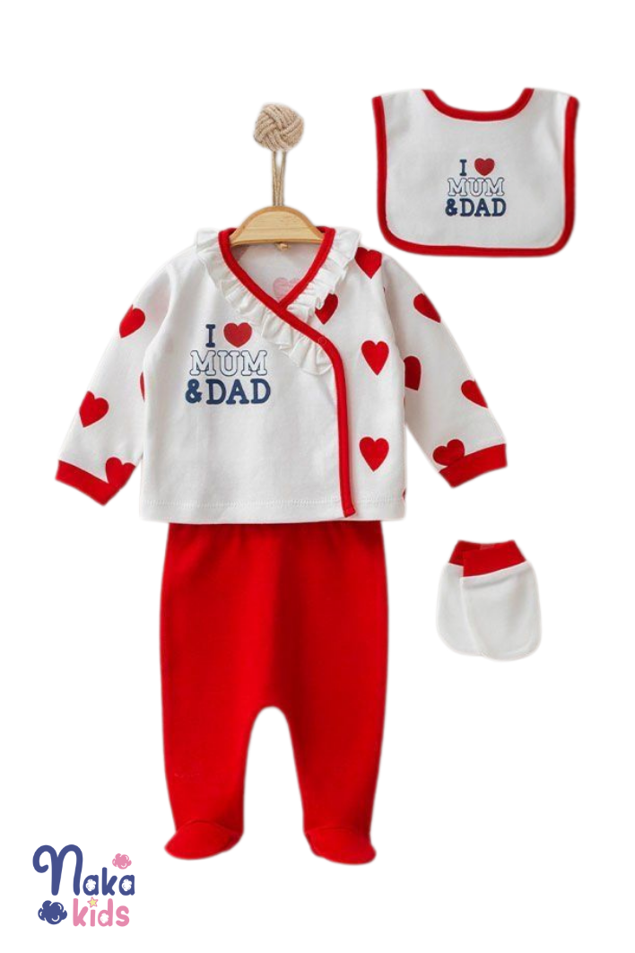 I Love Mum and Dad'' Yazılı Kırmızı Kalpli Kız Bebek Hastane Çıkış Seti - 10 Parça