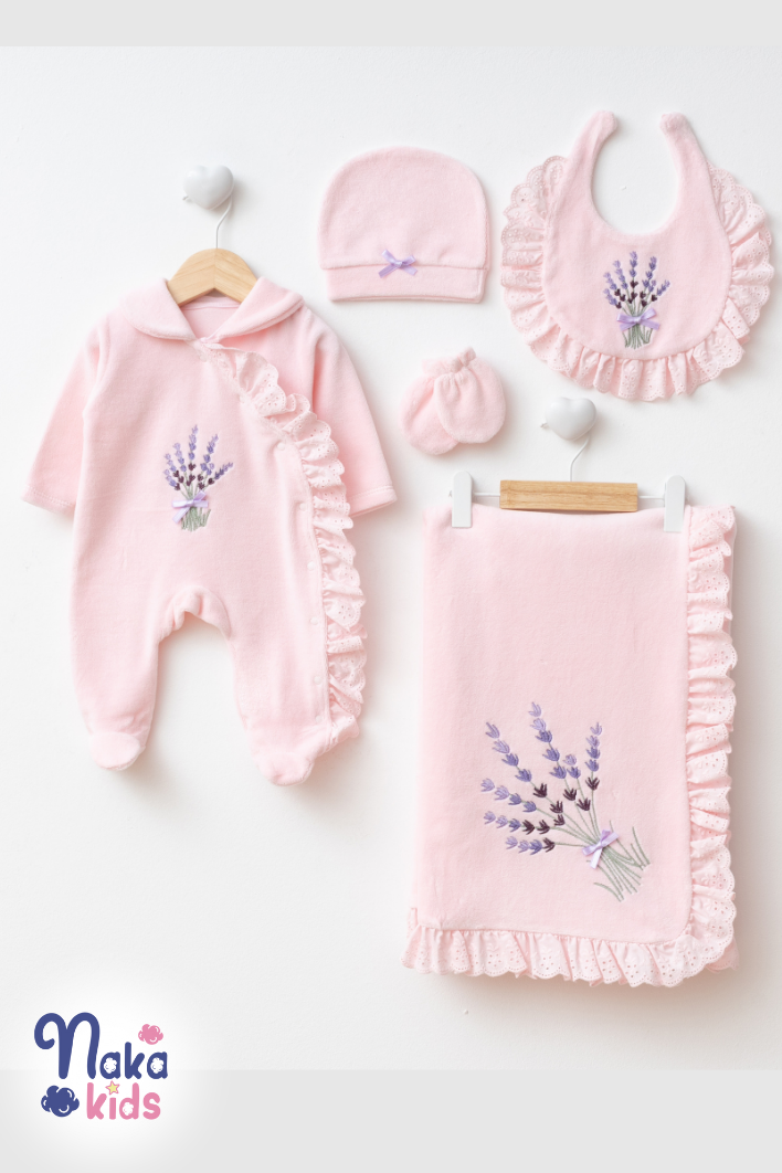 Kadife Lavanta 5 Parça Kız Bebek Hastane Çıkış Seti- Pembe