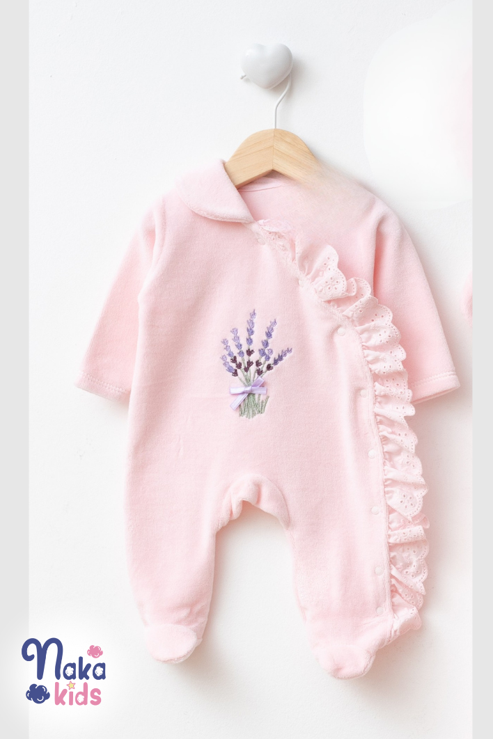 Kadife Lavanta 5 Parça Kız Bebek Hastane Çıkış Seti- Pembe