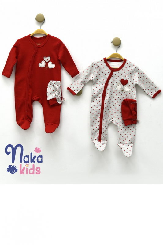 Kalp Desenli Kız Bebek Tulum- 2 Tulum Şapka Set
