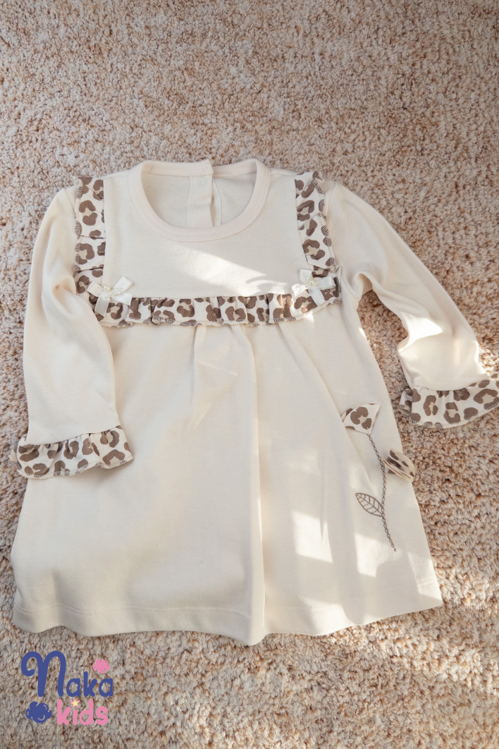Leopar Çiçek – Uzun Kollu Penye Kız Bebek Elbisesi