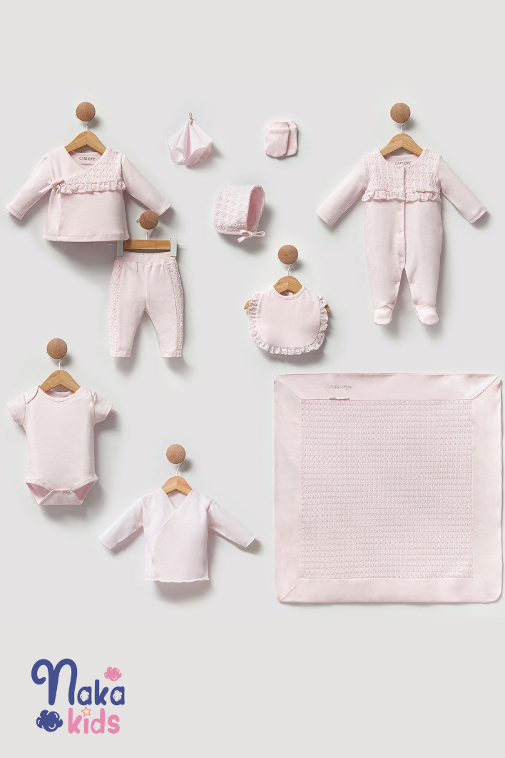 Lüks Organik Pamuk Kız Bebek Hastane Çıkış Seti - Pembe Dantelli