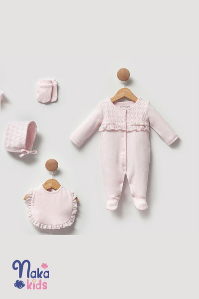 Lüks Organik Pamuk Kız Bebek Hastane Çıkış Seti - Pembe Dantelli