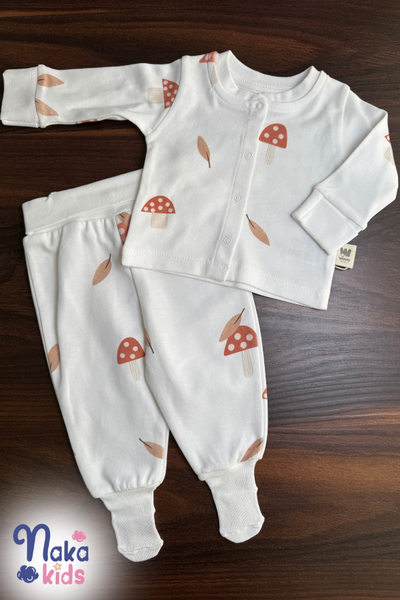 Mantar Ve Yaprak Desenli Bebek Pijama Takımı