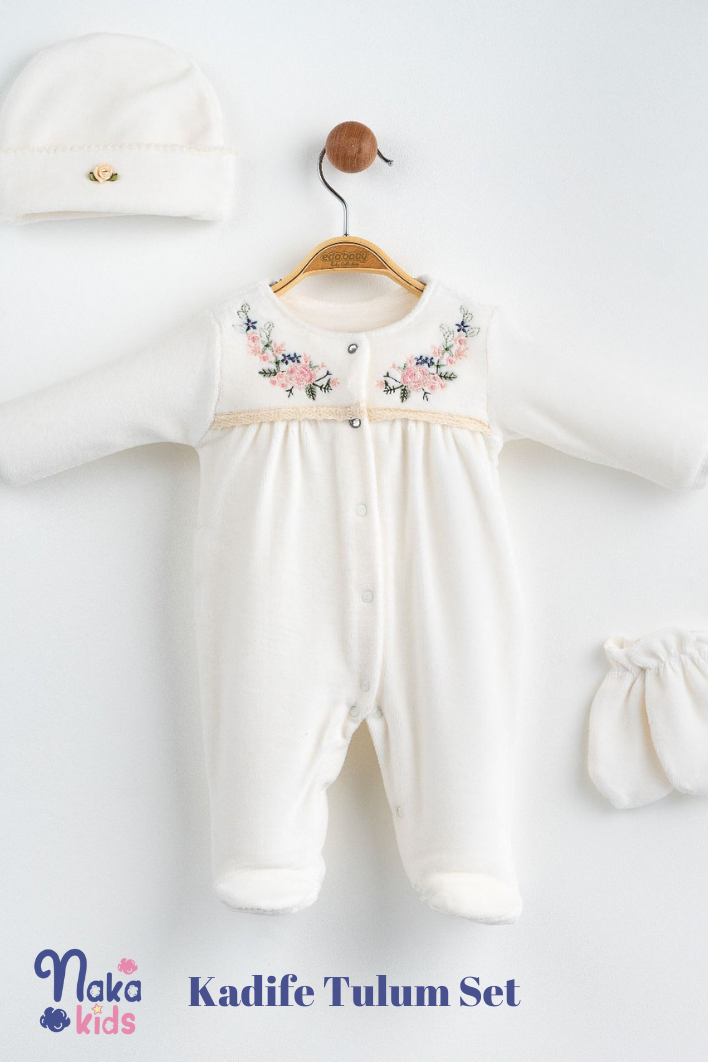 Minik Çiçekler Kız Bebek Kadife Set- 3lü