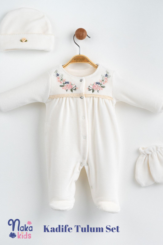 Minik Çiçekler Kız Bebek Kadife Set- 3lü