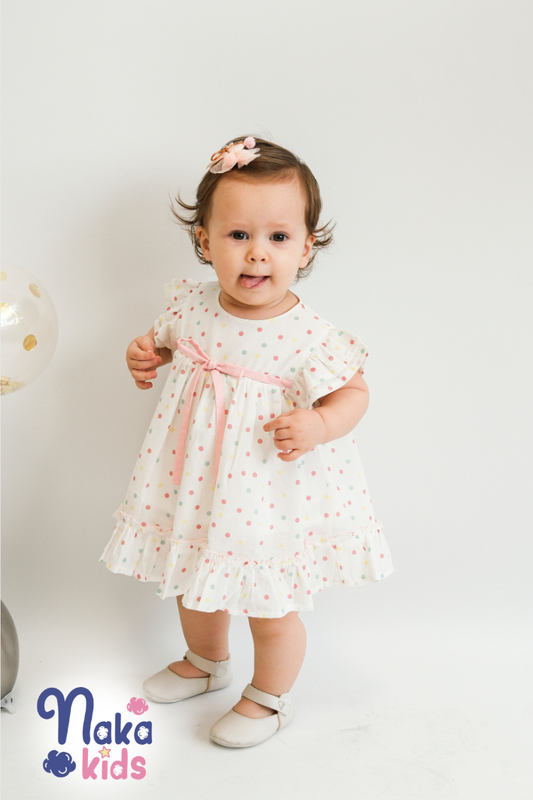 Minik Dots Puantiyeli Kız Bebek Elbisesi 2 li Takım