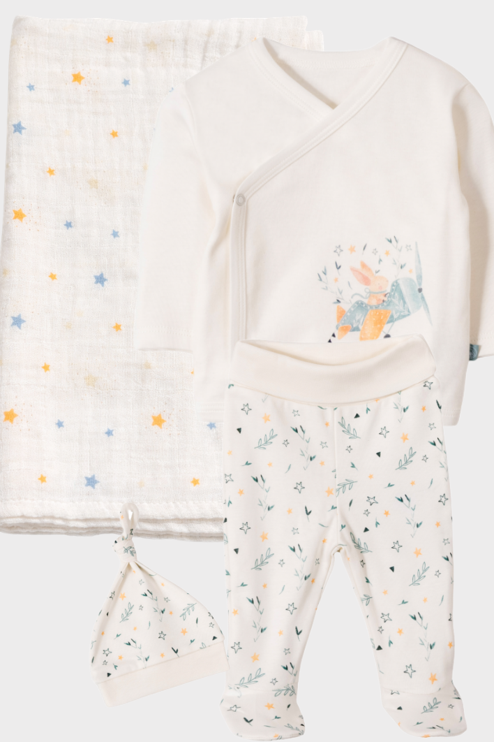 Newborn Hospital Set 4 Parça %100 Organik Pamuk Unisex Pilot Rabbit Baskılı Set